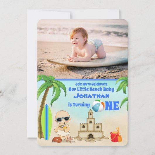 2 Photo Cute Boy Beach Baby Surfboard 1st Birthday Kaart (Voorkant)