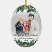 2 Photo Elegant Holly Greenery Merry Christmas Keramisch Ornament (Voorkant)