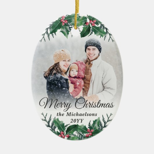 2 Photo Elegant Holly Greenery Merry Christmas Keramisch Ornament (Voorkant)