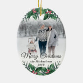 2 Photo Elegant Holly Greenery Merry Christmas Keramisch Ornament (Achterkant)