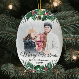 2 Photo Elegant Holly Greenery Merry Christmas Keramisch Ornament