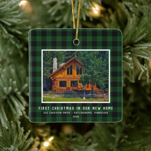2 Photo First Xmas New Home Rustic Keramisch Ornament (Boom)