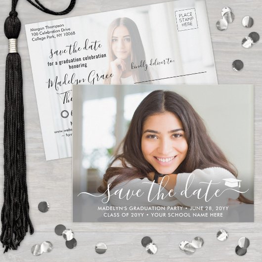 2 Photo Graduation Modern Script Save the Date Aankondigingskaart