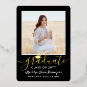 2 Photo Graduation Party Modern Script Zwart en Folie Uitnodiging (Voorkant)