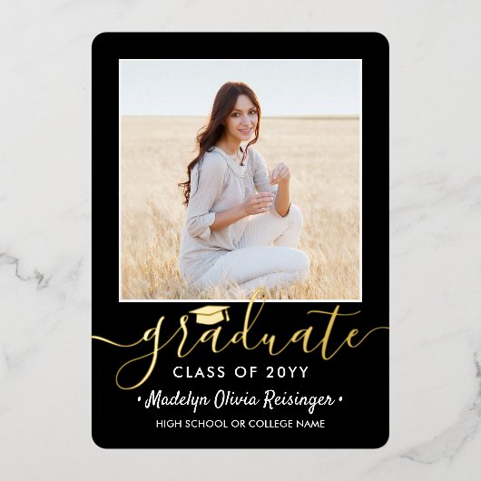 2 Photo Graduation Party Modern Script Zwart en Folie Uitnodiging (Voorkant)