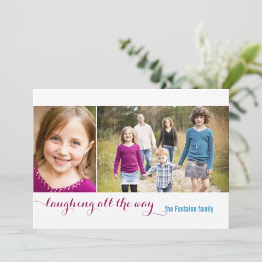 2 Photo Holiday Card in alle richtingen lachen Feestdagenkaart (Staand voorkant)