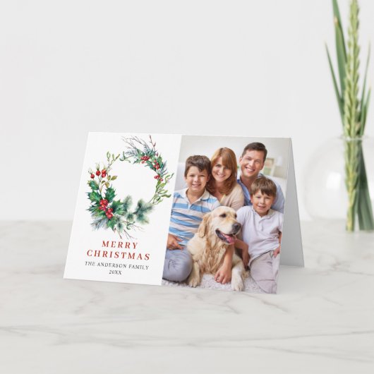 2 PHOTO Holly Berry Wreate kerstgroet Feestdagen Kaart (Voorkant)