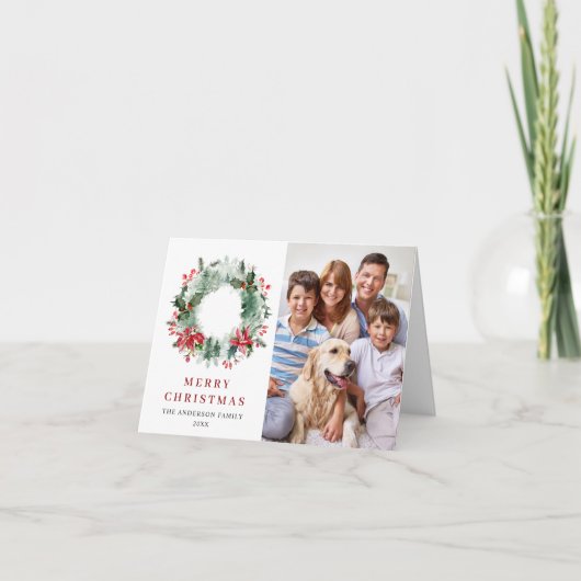 2 PHOTO Holly Berry Wreate kerstgroet Feestdagen Kaart (Voorkant)