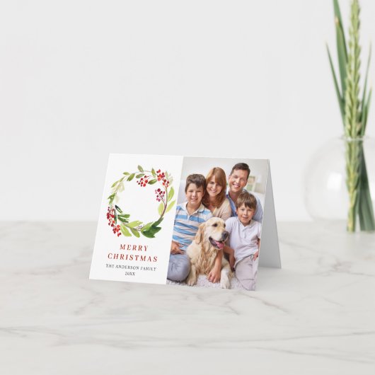 2 PHOTO Holly Berry Wreate kerstgroet Feestdagen Kaart (Voorkant)