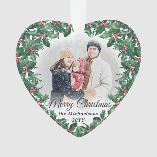 2 Photo Holly Greenery Wreath Merry Christmas Ornament (voorkant)
