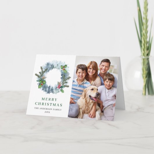 2 PHOTO Landscape Wreate Kerstmis Holly Berry Feestdagen Kaart (Voorkant)