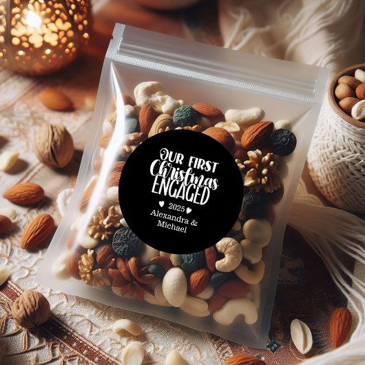 2 Photo Minimalist First Christmas Engaged Ronde Sticker