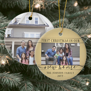 2 Photo New Home First Xmas Black en Gold Round Keramisch Ornament