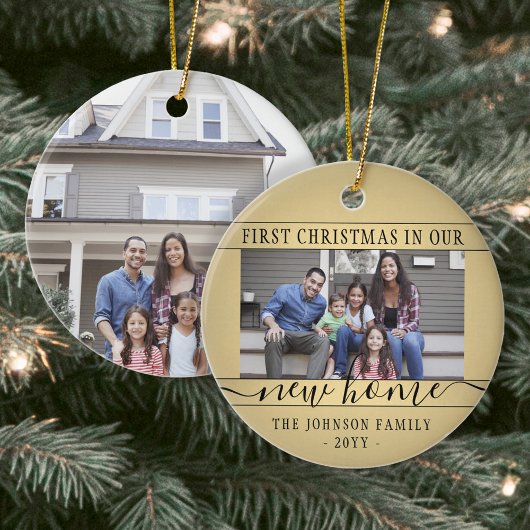 2 Photo New Home First Xmas Black en Gold Round Keramisch Ornament