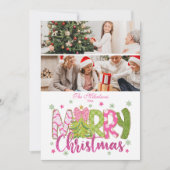 2 Photo Pink Green Bow Tree Merry Christmas Feestdagenkaart (Voorkant)