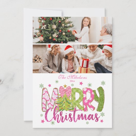 2 Photo Pink Green Bow Tree Merry Christmas Feestdagenkaart (Voorkant)
