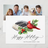 2 PHOTO Red Cardinal Holly Berry Christmas Feestdagenkaart (Voorkant / Achterkant)