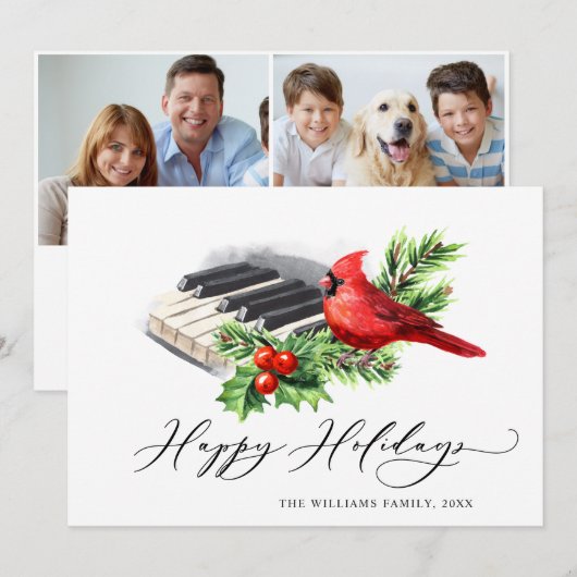 2 PHOTO Red Cardinal Holly Berry Christmas Feestdagenkaart (Voorkant / Achterkant)