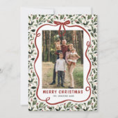 2 Photo Retro Christmas Hand Drawn Red Bow Ribbon Feestdagenkaart (Voorkant)