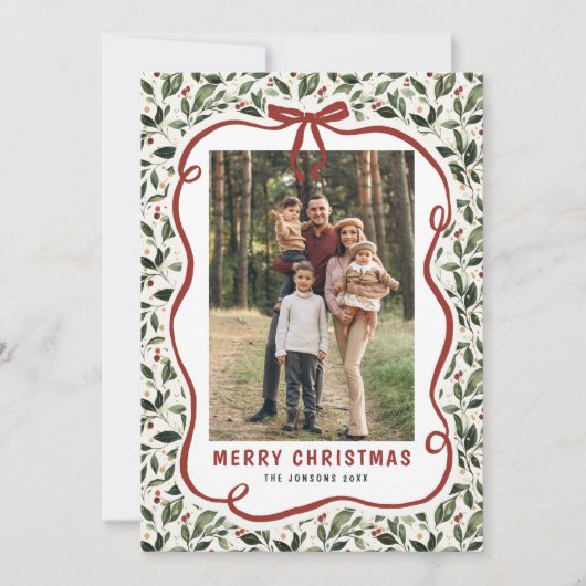 2 Photo Retro Christmas Hand Drawn Red Bow Ribbon Feestdagenkaart (Voorkant)