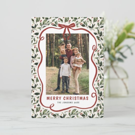 2 Photo Retro Christmas Hand Drawn Red Bow Ribbon Feestdagenkaart (Staand voorkant)
