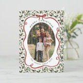 2 Photo Retro Christmas Hand Drawn Red Bow Ribbon Feestdagenkaart (Staand voorkant)