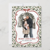 2 Photo Retro Christmas Hand Drawn Red Bow Ribbon Feestdagenkaart (Voorkant)