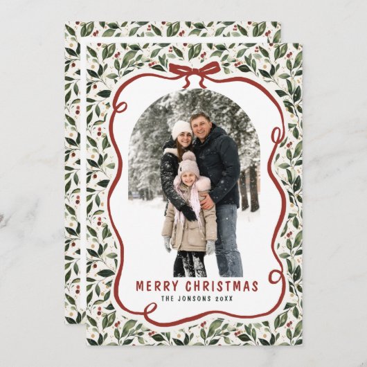 2 Photo Retro Christmas Hand Drawn Red Bow Ribbon Feestdagenkaart (Voorkant / Achterkant)