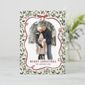 2 Photo Retro Christmas Hand Drawn Red Bow Ribbon Feestdagenkaart (Staand voorkant)