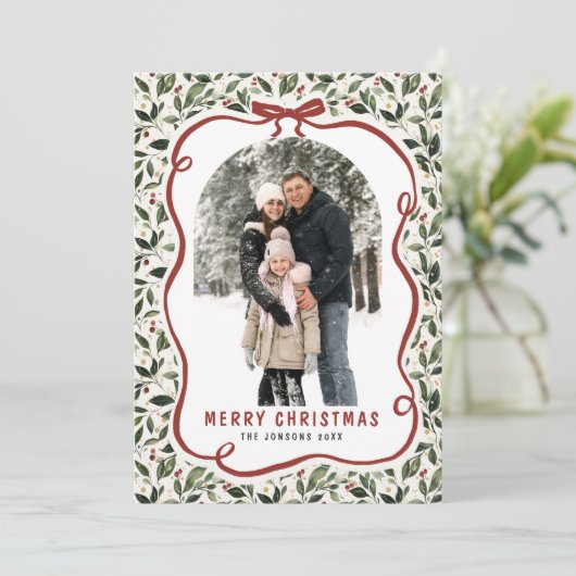 2 Photo Retro Christmas Hand Drawn Red Bow Ribbon Feestdagenkaart (Staand voorkant)