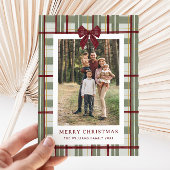 2 Photo Retro Christmas Red Bow Green Plaid Feestdagenkaart