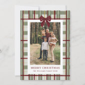 2 Photo Retro Christmas Red Bow Green Plaid Feestdagenkaart (Voorkant)