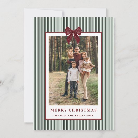 2 Photo Retro Christmas Red Bow Green Stripped Feestdagenkaart (Voorkant)