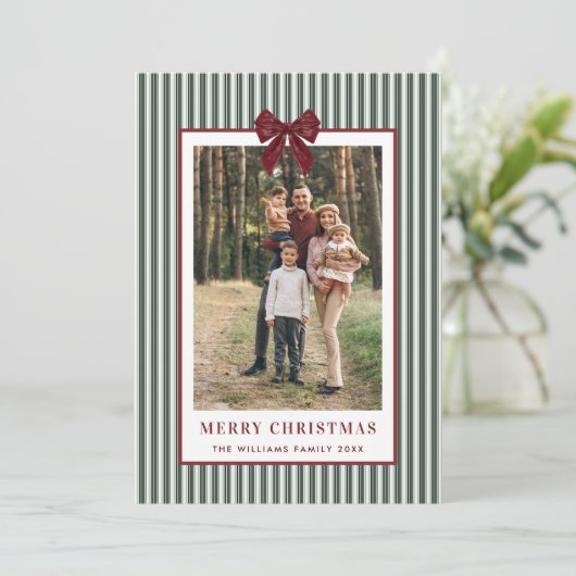2 Photo Retro Christmas Red Bow Green Stripped Feestdagenkaart (Staand voorkant)