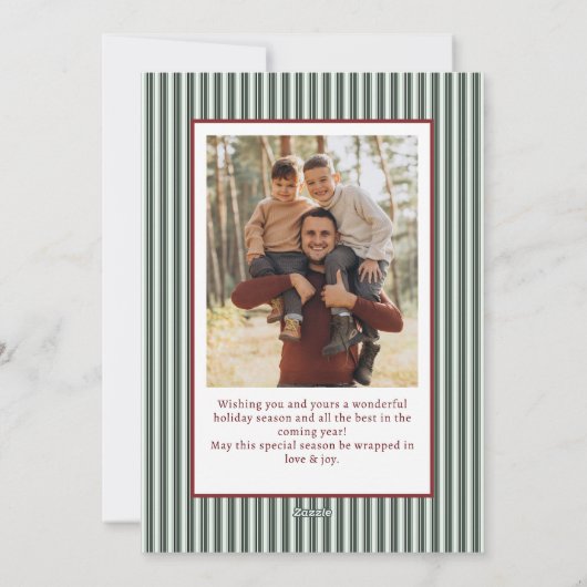2 Photo Retro Christmas Red Bow Green Stripped Feestdagenkaart (Achterkant)
