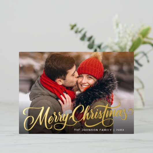 2 PHOTO Sparkle Merry kerstgring Gold Folie Feestdagenkaart (Staand Voorkant)