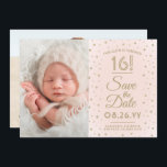 2 Photo Sweet 16 Birthday Blush Gold Save the Date<br><div class="desc">Nodig familie en vrienden uit voor een komende 16de Sweet-viering voor haar met deze stijlvolle 2 foto's die roze en gouden 3, 5 x 5 inch roze en gouden 3, 5 x 5" behalve de date uitnodiging. (AFBEELDING PLACEMENT TIP: Een gemakkelijke manier om een foto precies te centreren hoe u...</div>