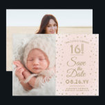 2 Photo Sweet 16 Birthday Blush Gold Save the Date<br><div class="desc">Nodig familie en vrienden uit voor een komende 16de Sweet-viering voor haar met deze stijlvolle 2 foto's die roze en gouden 3, 5 x 5 inch roze en gouden 3, 5 x 5" behalve de date uitnodiging. (AFBEELDING PLACEMENT TIP: Een gemakkelijke manier om een foto precies te centreren hoe u...</div>