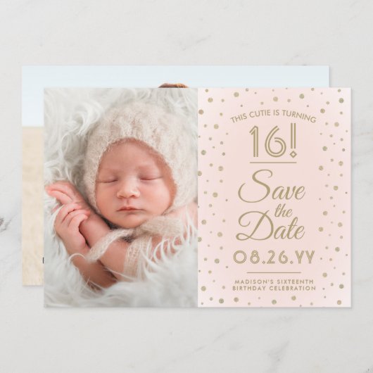 2 Photo Sweet 16 Birthday Blush Gold Save the Date (Voorkant / Achterkant)