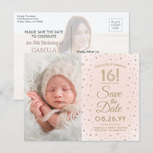 2 Photo Sweet 16 Birthday Blush Gold Save the Date Uitnodiging Briefkaart