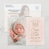 2 Photo Sweet 16 Birthday Blush Gold Save the Date Uitnodiging Briefkaart (Voorkant / Achterkant)