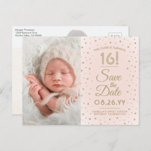 2 Photo Sweet 16 Birthday Blush Gold Save the Date Uitnodiging Briefkaart