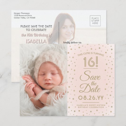2 Photo Sweet 16 Birthday Blush Gold Save the Date Uitnodiging Briefkaart (Voorkant / Achterkant)
