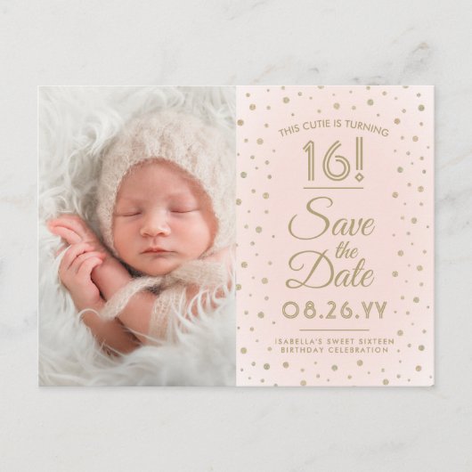 2 Photo Sweet 16 Birthday Blush Gold Save the Date Uitnodiging Briefkaart (Voorkant)