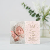 2 Photo Sweet 16 Birthday Blush Gold Save the Date Uitnodiging Briefkaart (Staand voorkant)