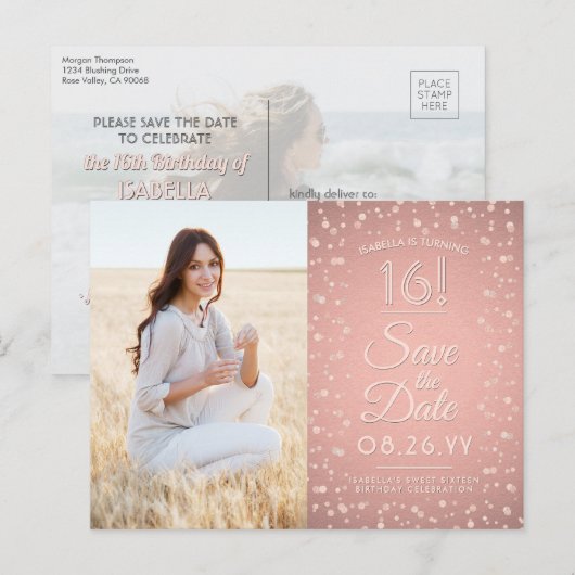 2 Photo Sweet 16 Save the Date Roos Gold Glitter Uitnodiging Briefkaart (Voorkant / Achterkant)