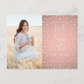 2 Photo Sweet 16 Save the Date Roos Gold Glitter Uitnodiging Briefkaart (Voorkant)