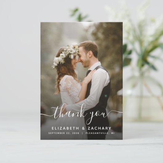 2-Photo Wedding White Script Black Bedankkaart (Staand voorkant)