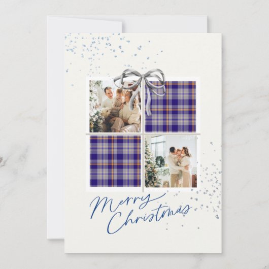 2 Photo X-mas Present Card Blue Tartan Silver Bow Kaart (Voorkant)