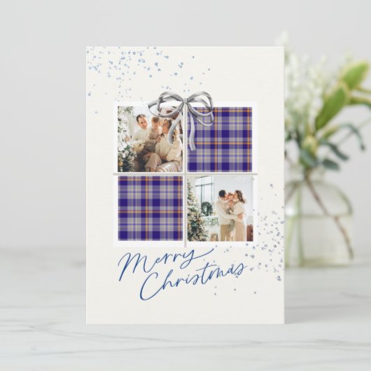 2 Photo X-mas Present Card Blue Tartan Silver Bow Kaart (Staand voorkant)
